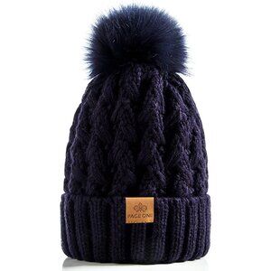 Women’s Navy Winter Ribbed Beanie Hat Chunky Cable Knit Pompom Warm
